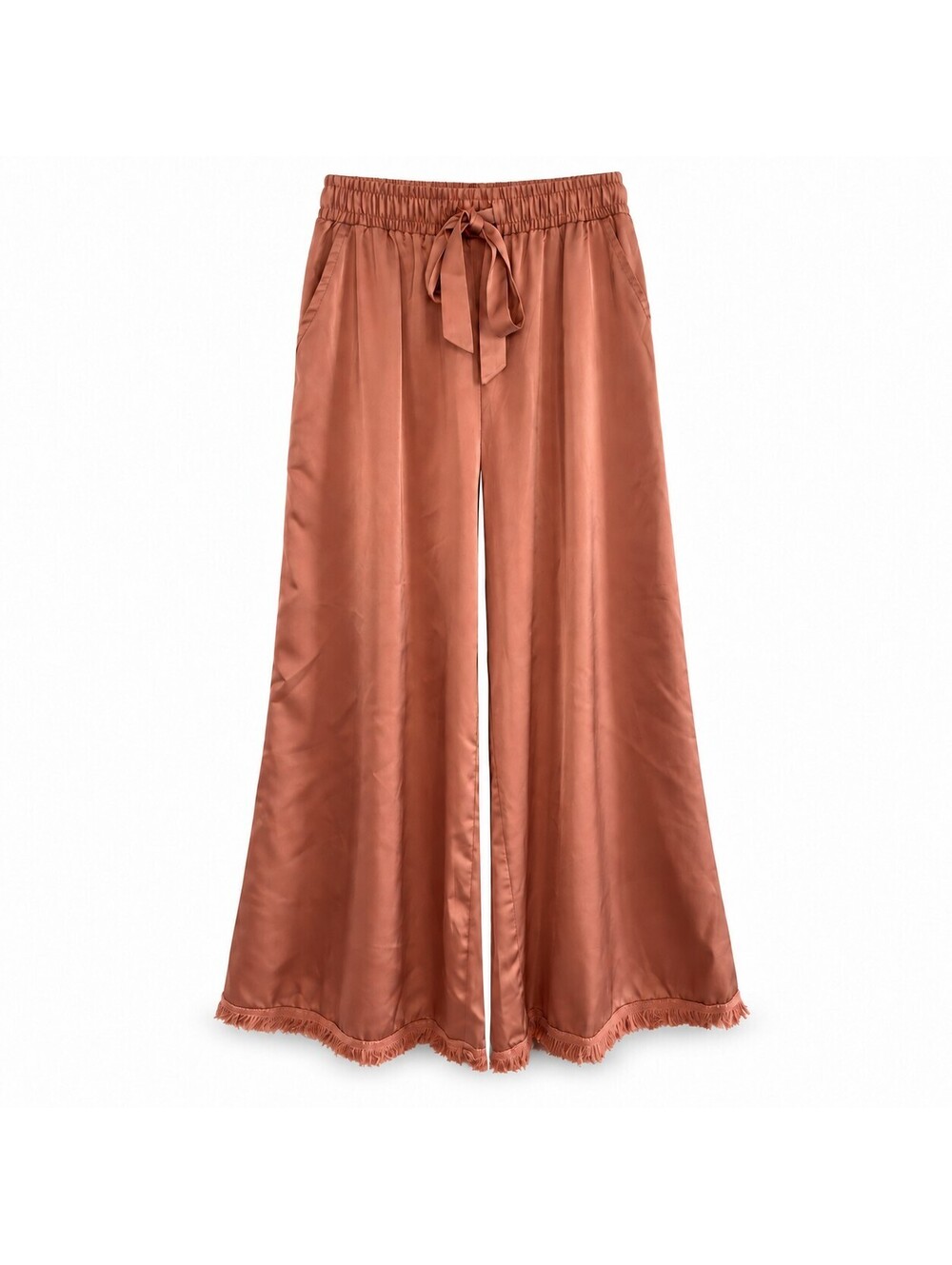 Three Bird Nest Size L Terracotta Satin Wide Leg Palazzo Pants Fringe Hem Boho